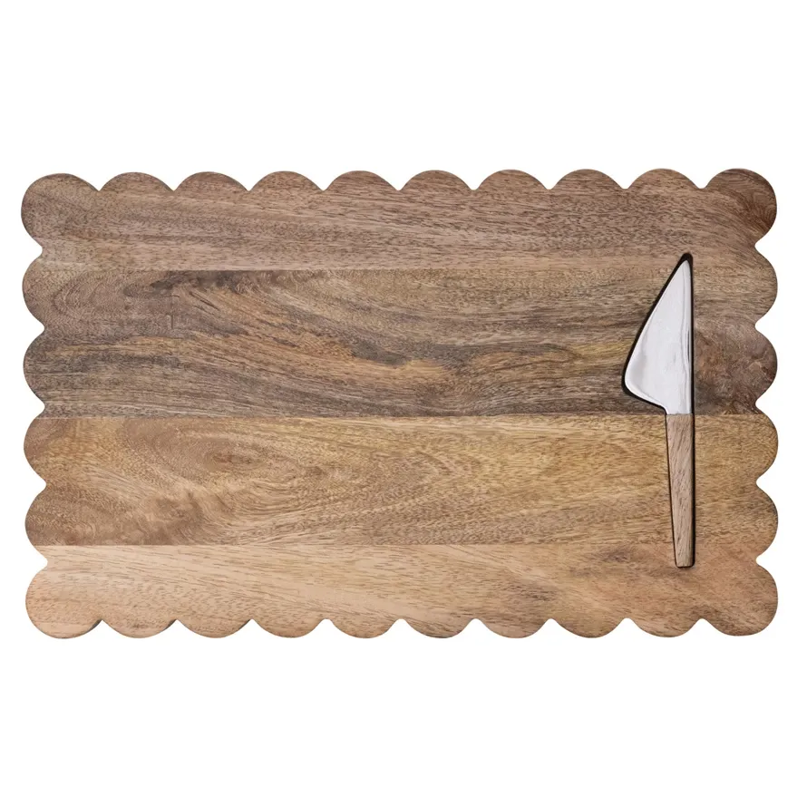 Mango Wood Scalloped Cheese Board w/ Stainless Steel Knife Set