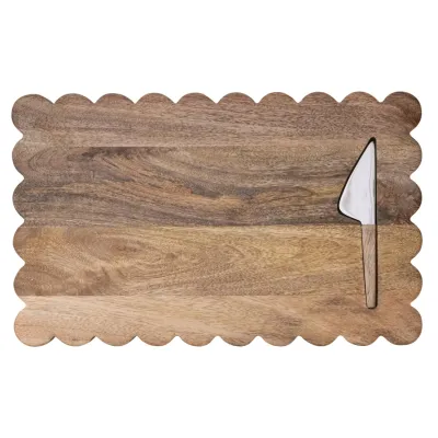 Mango Wood Scalloped Cheese Board w/ Stainless Steel Knife Set