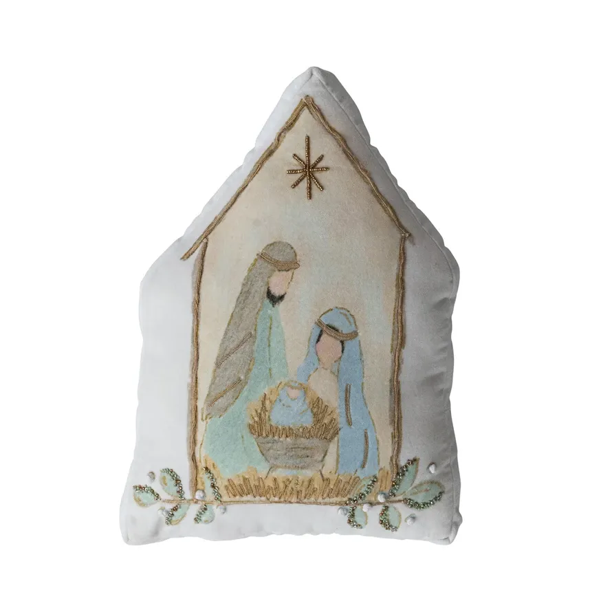 Hand-Embroidered Holy Family Velvet Pillow
