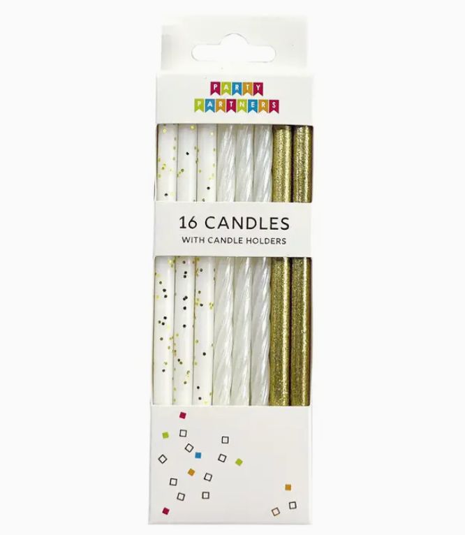 Gold &amp; White Glitter 16 Candle Set
