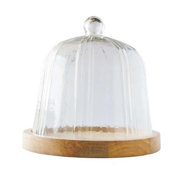 Glass Pleated Cloche w/ Mango Wood Base