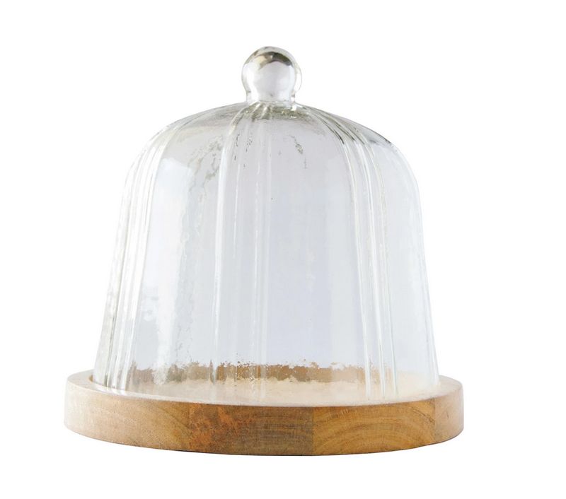 Glass Pleated Cloche w/ Mango Wood Base