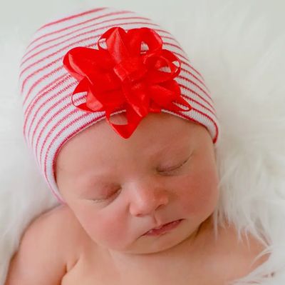 Christmas Gift Bow Hat - Red/White Striped Newborn Girl Hat
