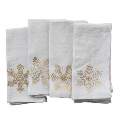 Linen Printed Napkins w/ Gold Foil Snowflake, Set of 4 Bundled w/ Tie &amp; Bells
