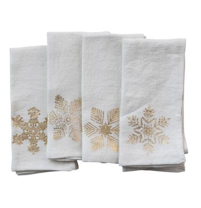 Linen Printed Napkins w/ Gold Foil Snowflake, Set of 4 Bundled w/ Tie &amp; Bells
