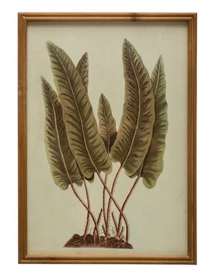 Wood Framed Glass Wall Décor w/ Leaves, White &amp; Green