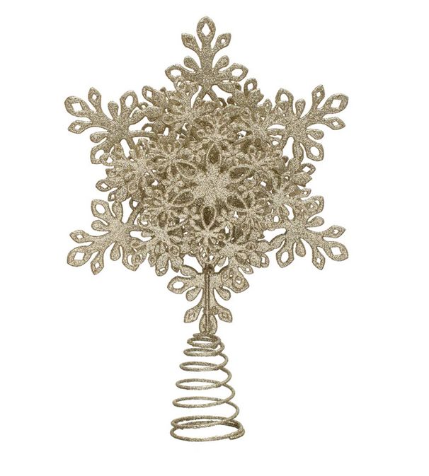 Plastic &amp; Metal Snowflake Tree Topper w/ Glitter, Champagne Finish