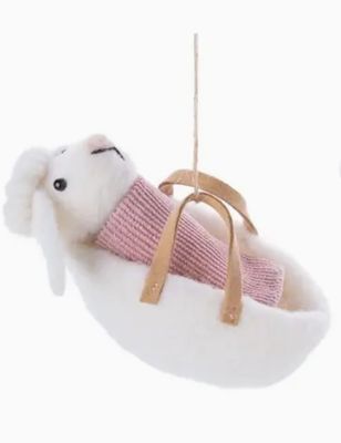 Felt Baby Lambs in Bassinet Ornament- Pink
