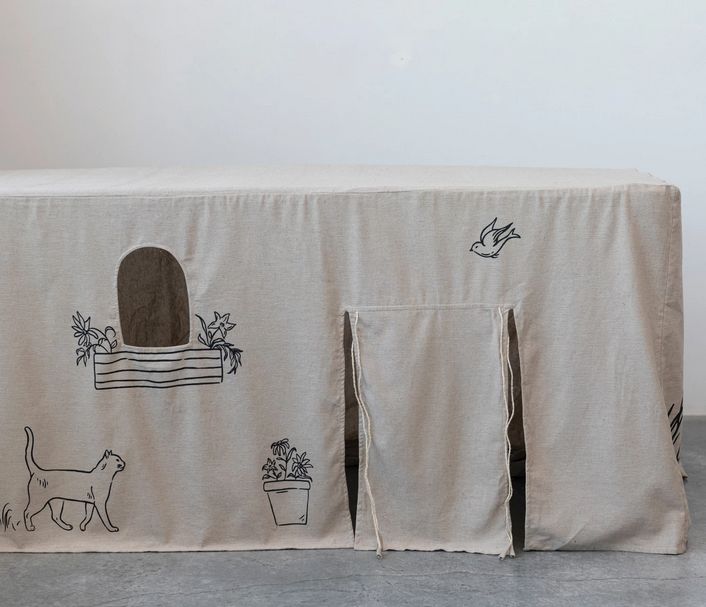 Cotton Chambray Printed Tablecloth/Children's Playhouse w/ Flap Door &amp; Window Cut-Outs