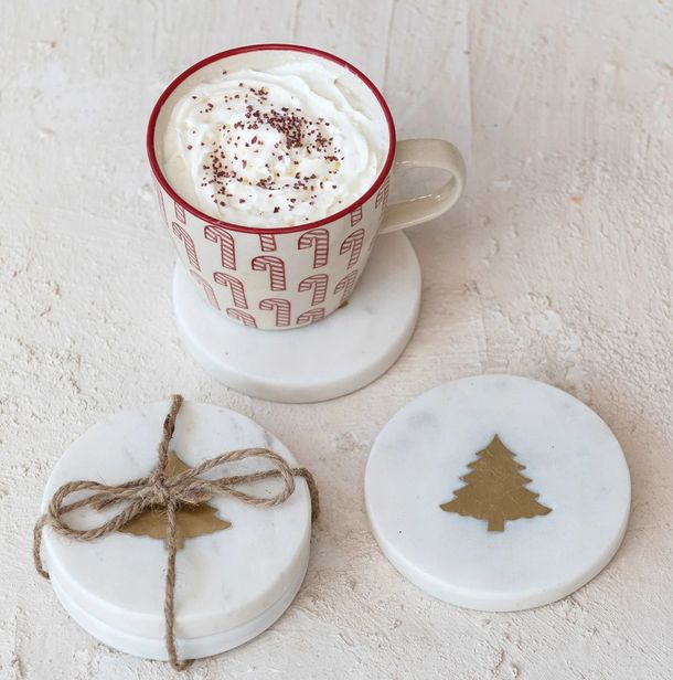 Marble Coasters w/ Brass Tree Inlay, White, Set of 4