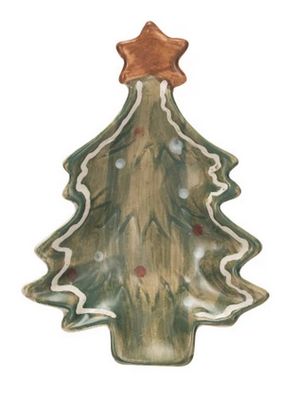 Hand-Painted Stoneware Christmas Tree Dish w/ Orange Star