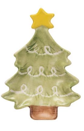 Hand-Painted Stoneware Christmas Tree Dish w/ Bright Yellow Star