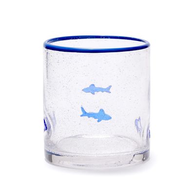 Shark Double Old Fashion Glass w/ Hand-Painted Rim