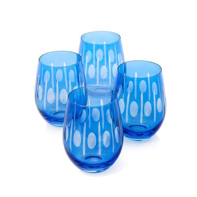 Sparkling Cut Blue Hand Engraved Stemless Wine Glasses