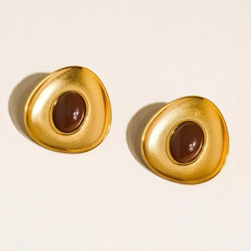 Vionnet  Burgundy Gemstone Oval Earrings (18K Gold)