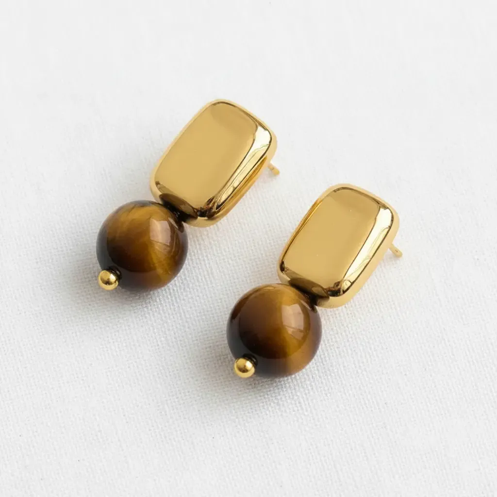 Geometric Square Tiger's Eye Stud Earrings
