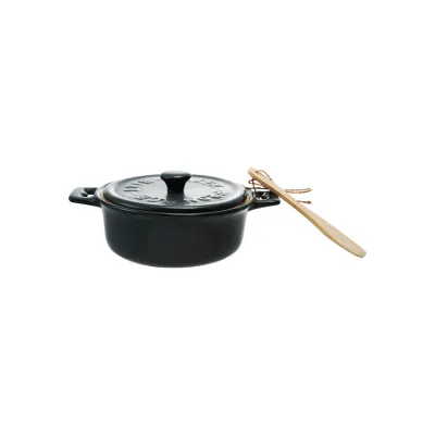 7" Round Espresso Color Stoneware Brie Baker w/ Spreader