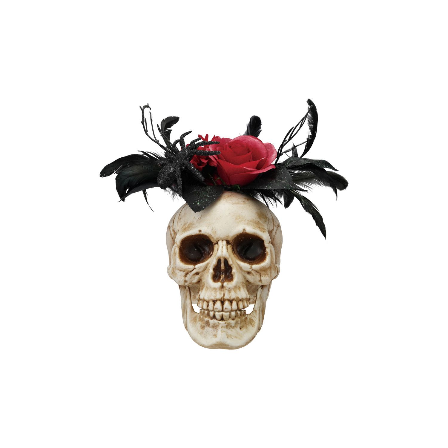 Plastic Skull Decor w/ Faux Flowers, Feathers &amp; Spider