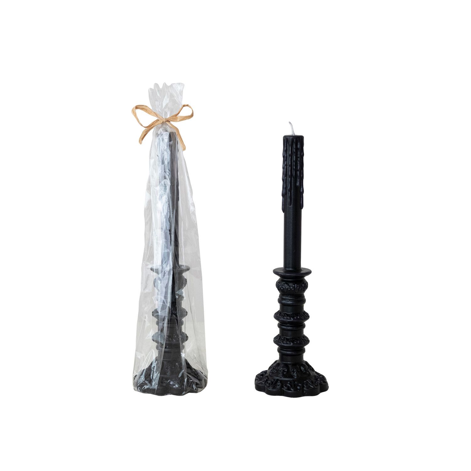 Unscented Black Taper in Taper Holder Shaped Candle in Cello Bag w/ Raffia Tie