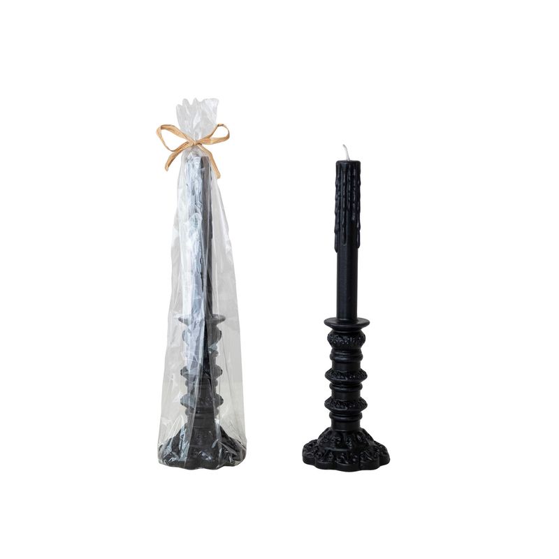 Unscented Black Taper in Taper Holder Shaped Candle in Cello Bag w/ Raffia Tie