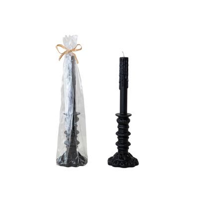 Unscented Black Taper in Taper Holder Shaped Candle in Cello Bag w/ Raffia Tie