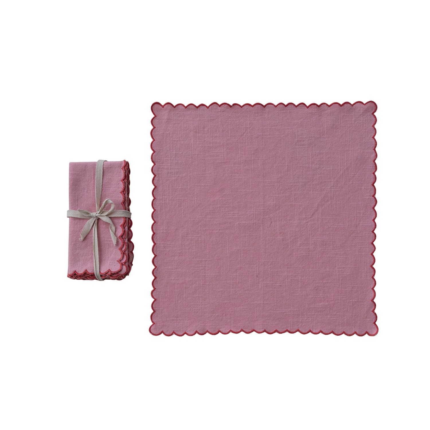 Pink Cotton Scalloped Napkins w/ Contrasting Edges (S/4)