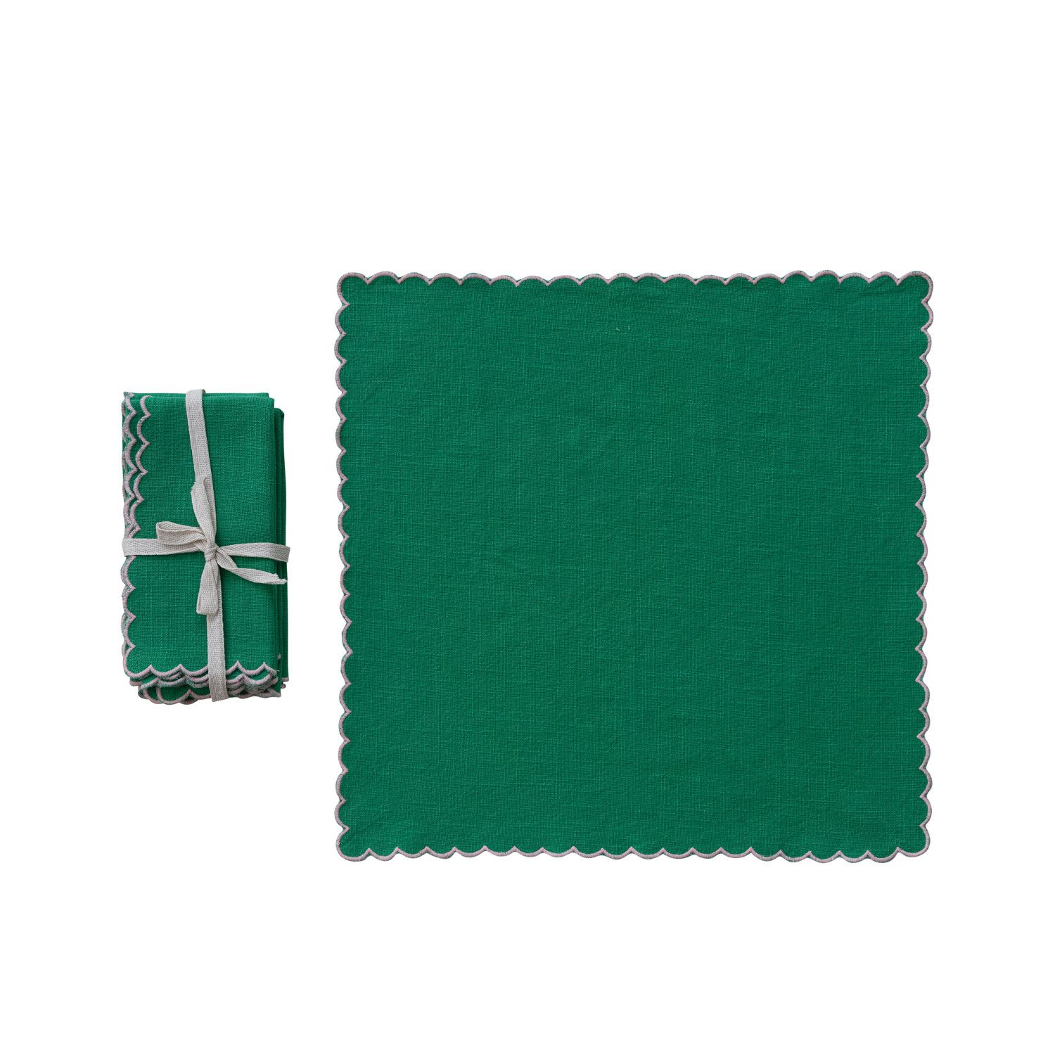 Green Cotton Scalloped Napkins w/ Contrasting Edges (S/4)