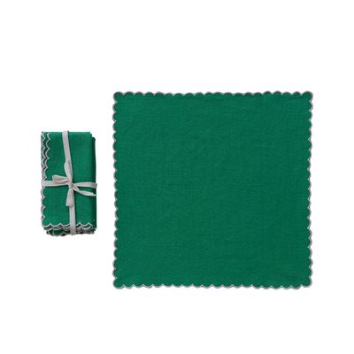 Green Cotton Scalloped Napkins w/ Contrasting Edges (S/4)