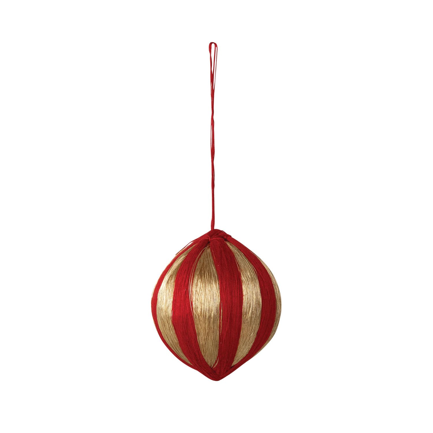 Red &amp; Gold String Wrapped Striped Ball Ornament