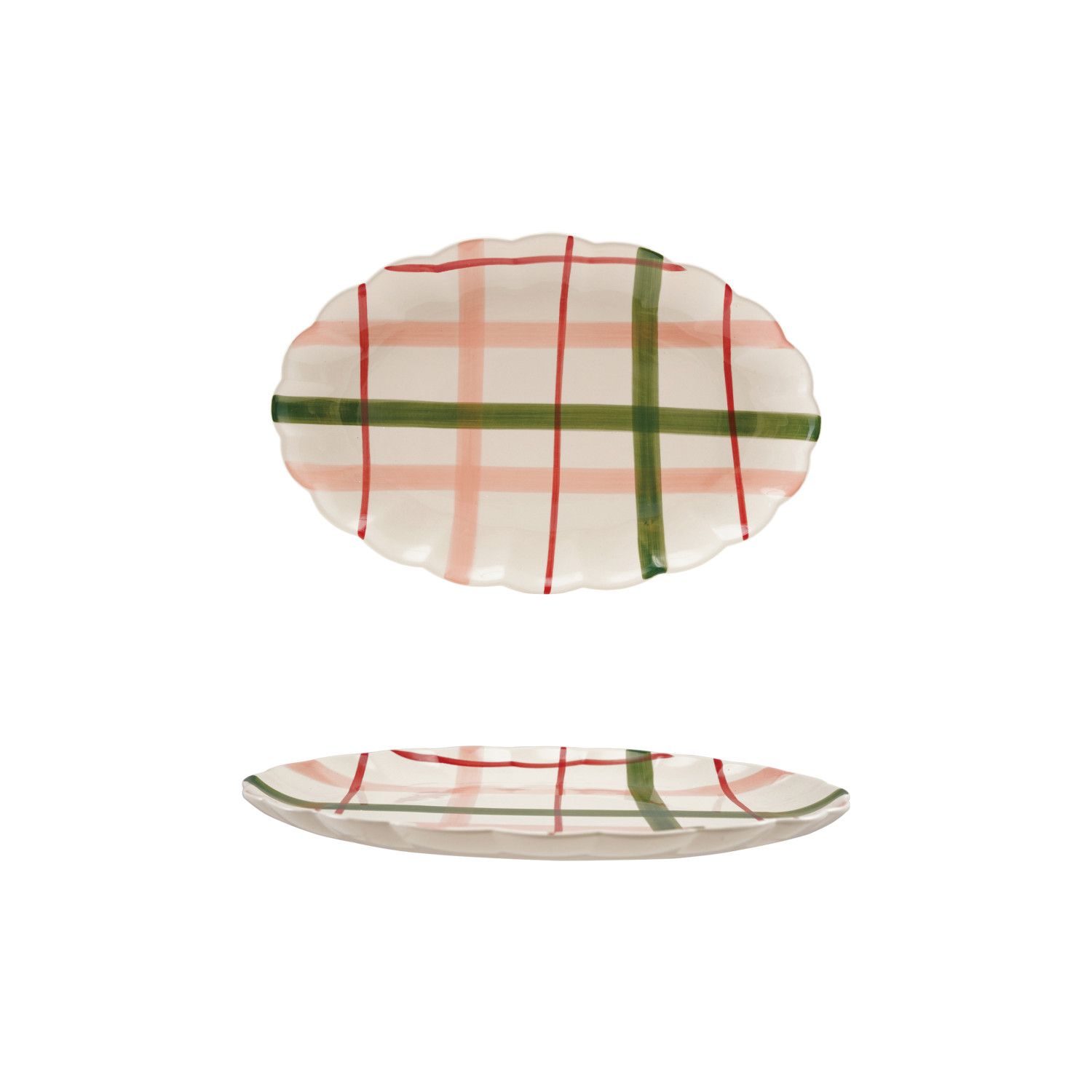 Hand-Painted Pink &amp; Green Plaid Scalloped Platter