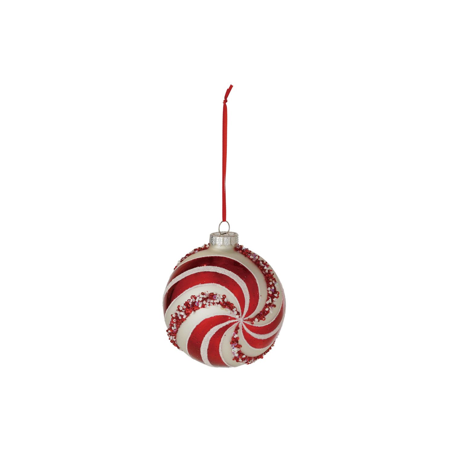 Glass Peppermint Swirl Ornament w/ Beads