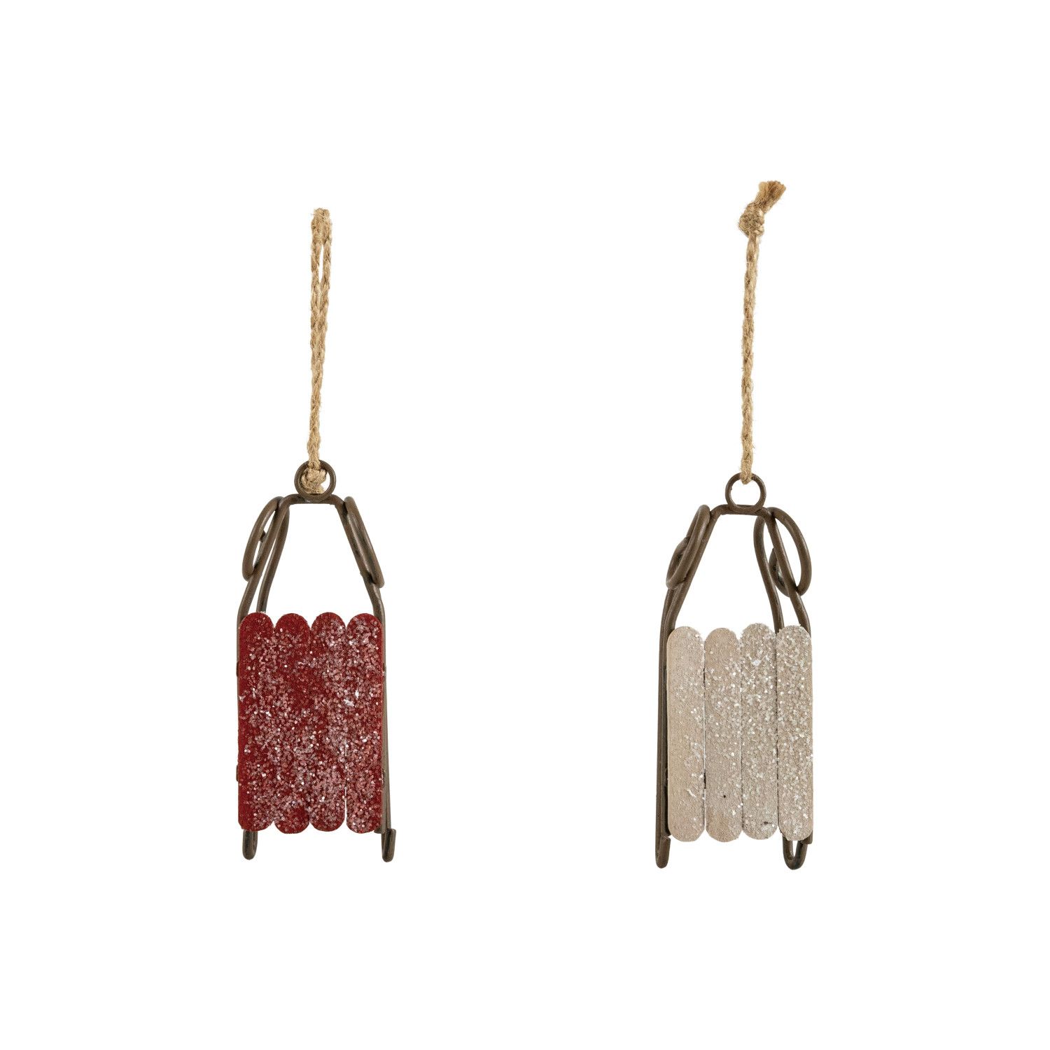 Cream Glittery Metal &amp; Wood Sleigh Ornament
