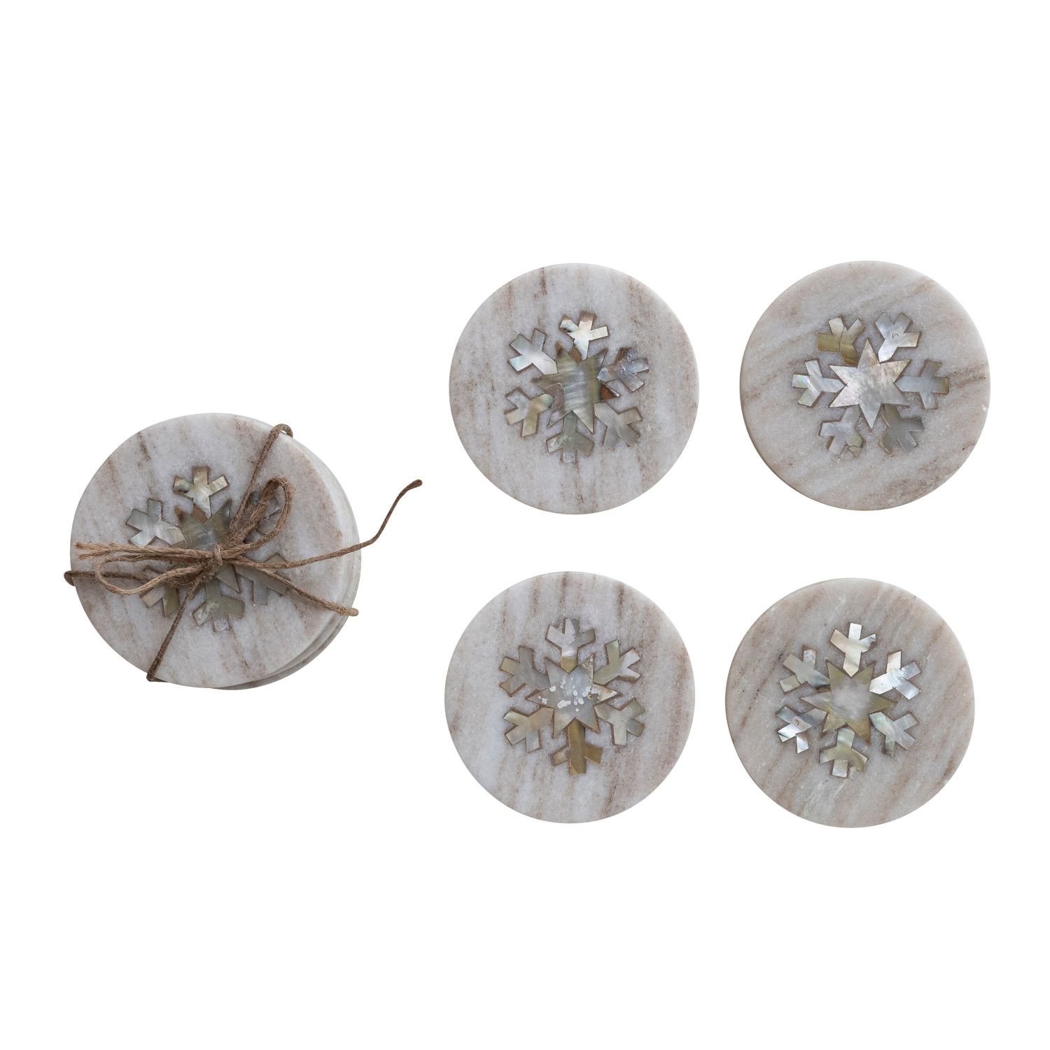 Marble Coasters w/ Mother of Pearl Snowflake Inlay (S/4)