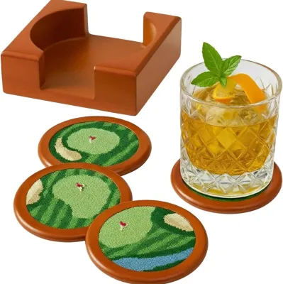 Stitched Wooden Golf Coasters with Holder (S/4)
