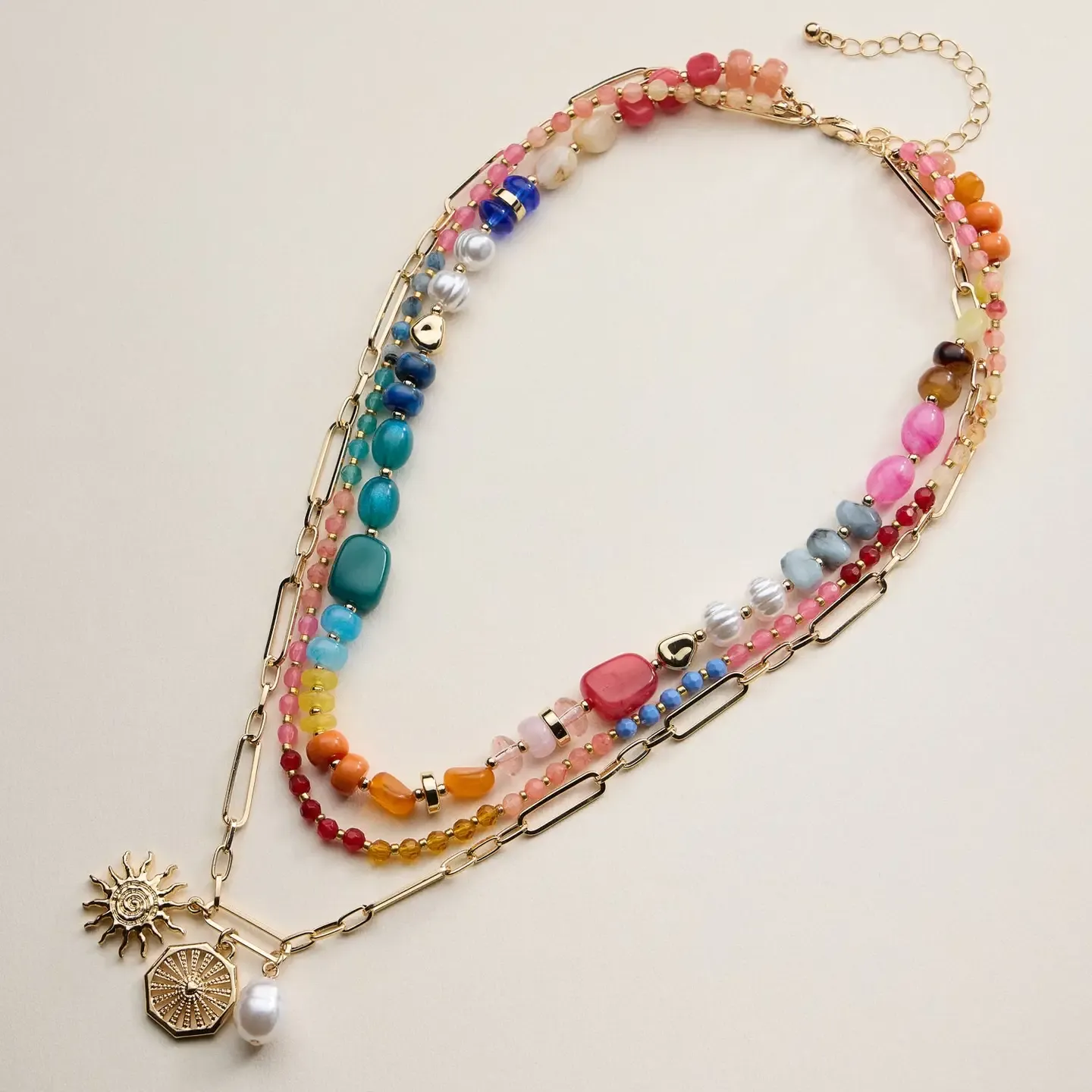 Multicolored Layered Beaded &amp; Chain Necklace w/ Sun &amp; Pearl Charms