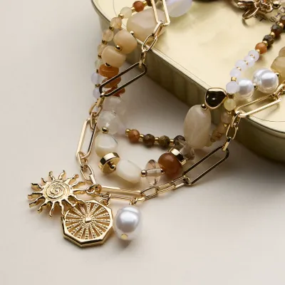 Natural Layered Beaded &amp; Chain Necklace w/ Sun &amp; Pearl Charms