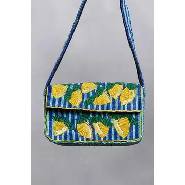 Blue Beaded Lemon Stripe Shoulder Bag