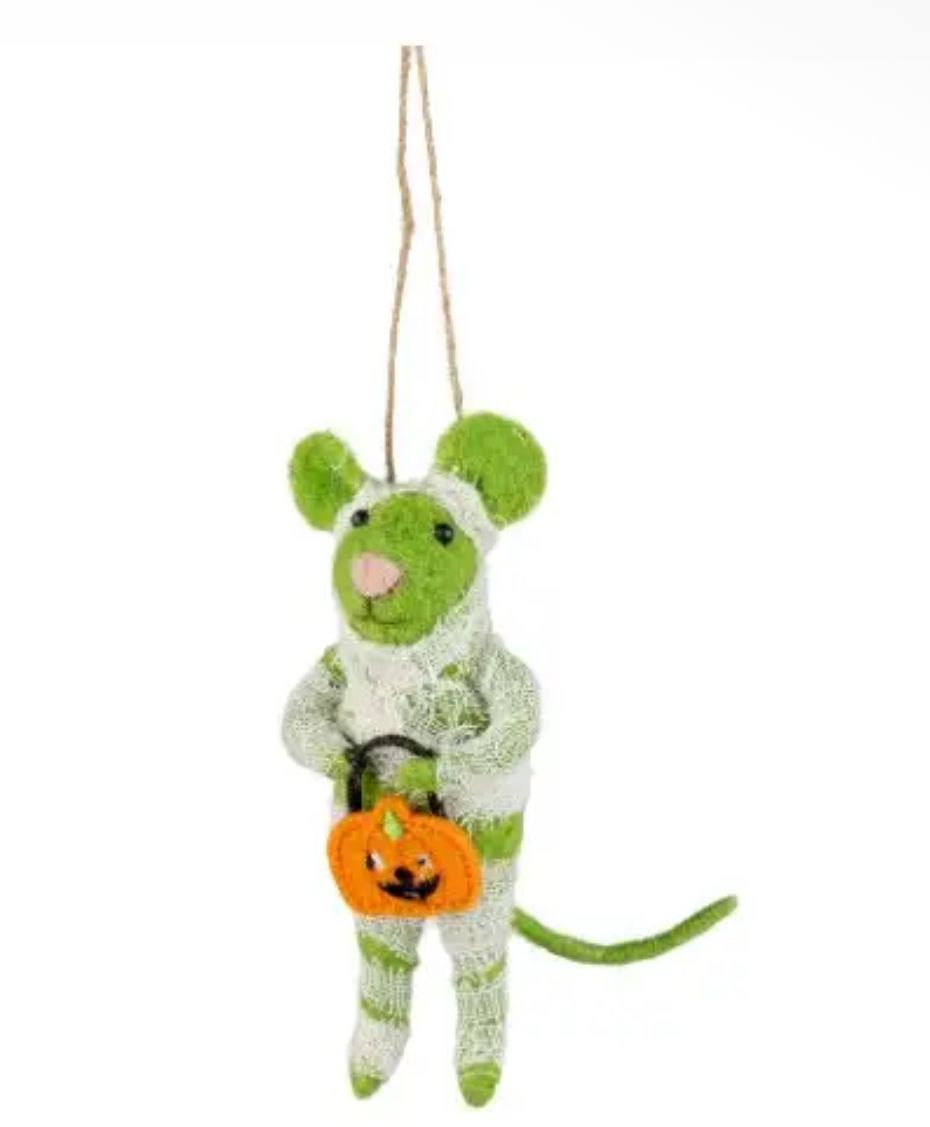 Felt Mouse Mummy Ornament w/ Pumpkin Bag
