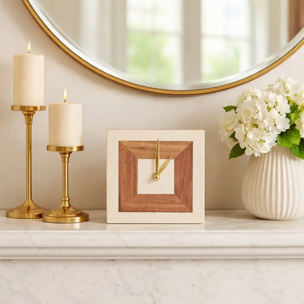 Ivory &amp; Tan Resin Table Clock with Wood Inlay