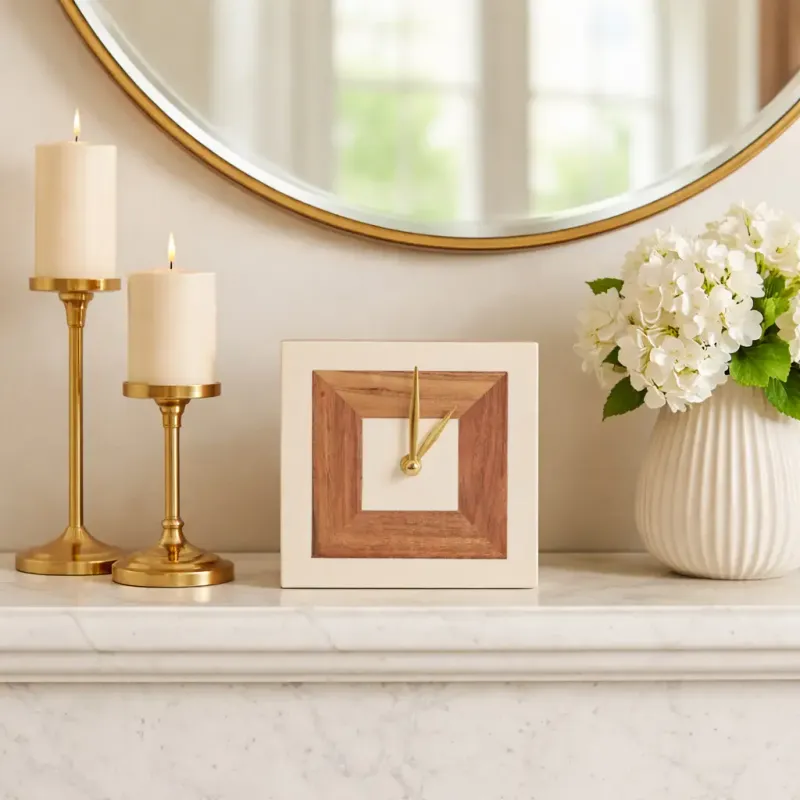Ivory &amp; Tan Resin Table Clock with Wood Inlay