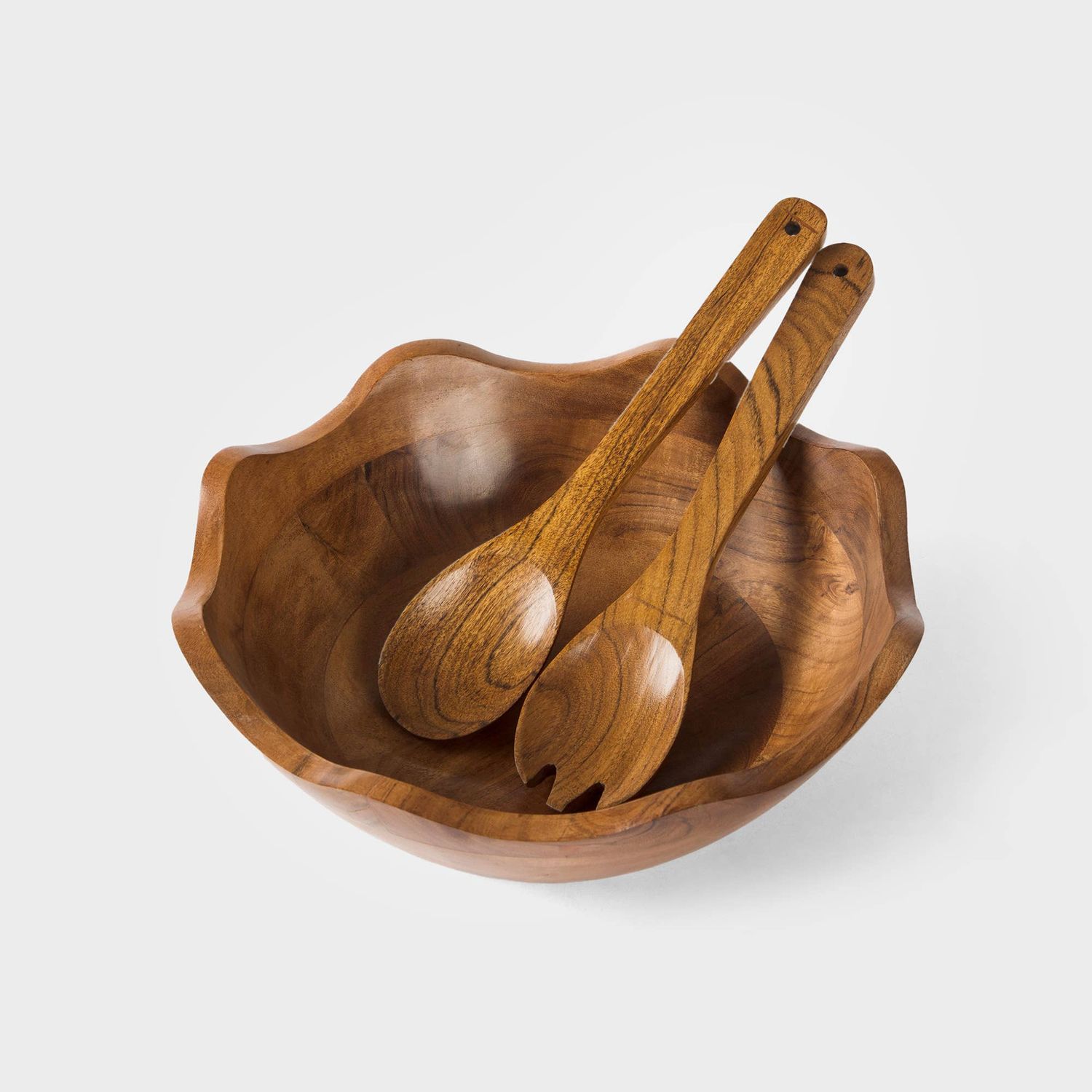Hand-Carved Scalloped Acacia Wood Salad Bowl w/ Servers
