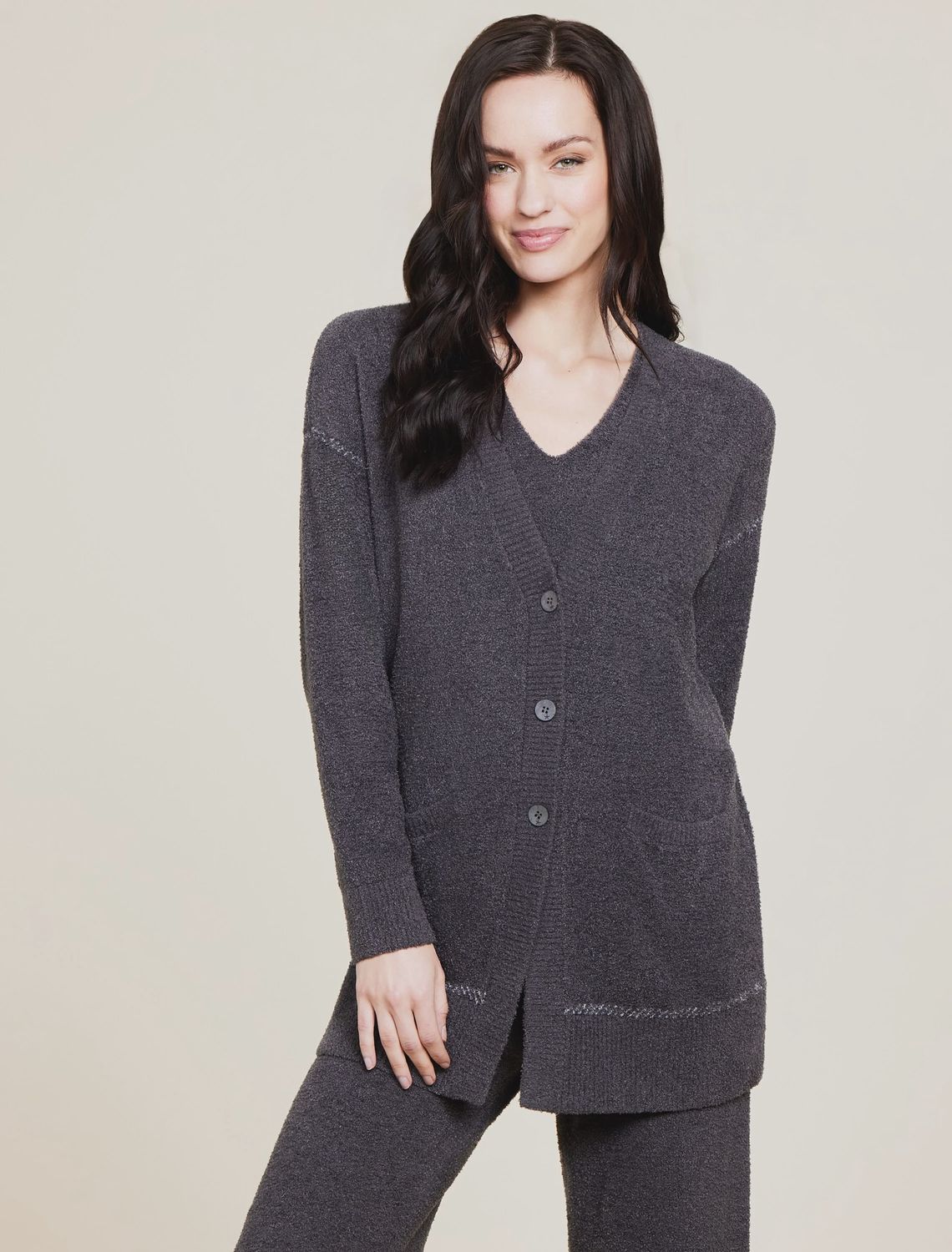 Barefoot Dreams Contrast Stitch Cardigan, COLOR: Carbon / Pearl, SIZE: X-Small