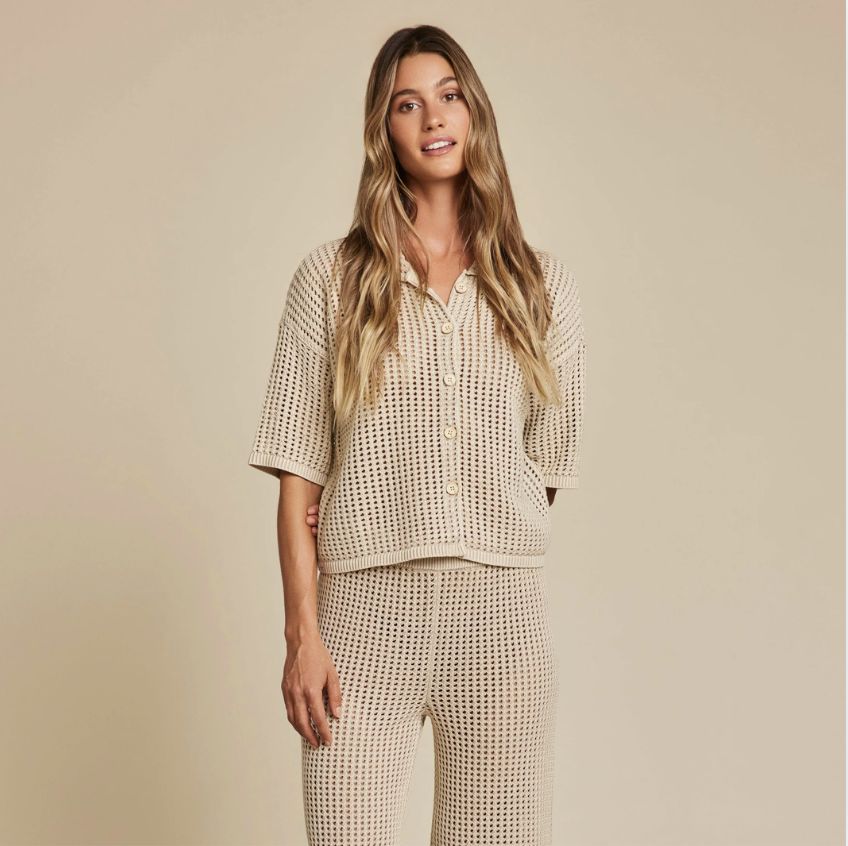 Barefoot Dreams Sunbleached Buttoned Short Sleeve, SIZE: X-Small