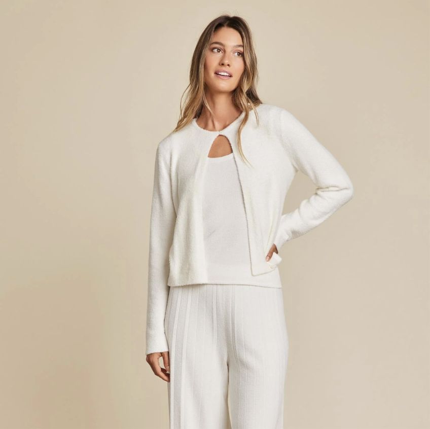Barefoot Dreams Striped Cardigan with Button, COLOR: Pearl, SIZE: Large