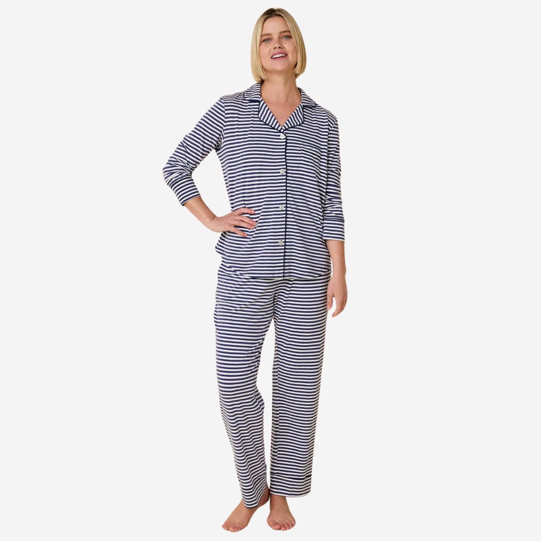 The Cat&#39;s Pajamas Essential Stripe Pima Knit Long-Sleeved Pajama, COLOR: Navy, SIZE: Small