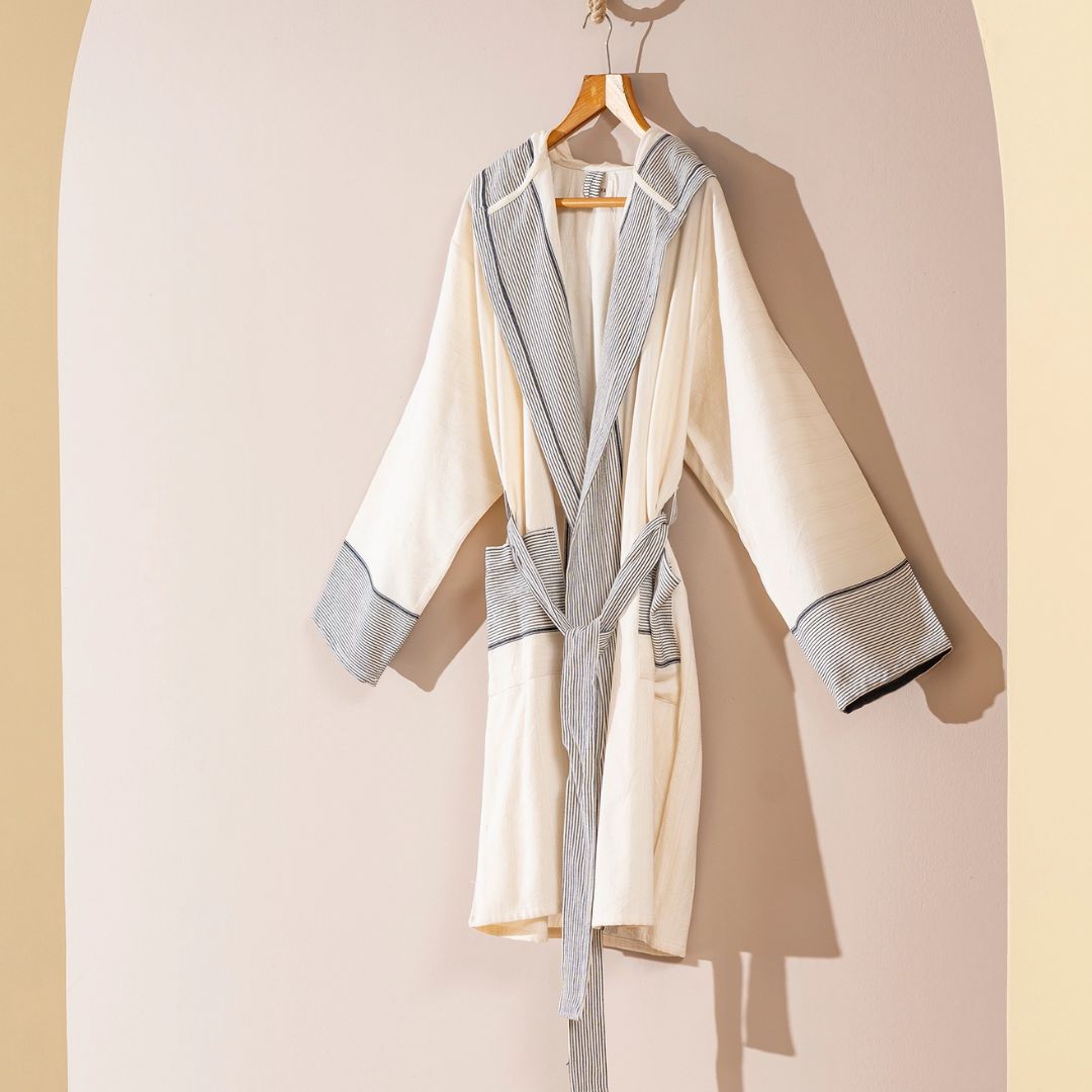 Kikoya Kimono Bathrobe—Turkish Cotton Lightweight Summer, PRODUCT: Black Stripe, SIZE: S-M