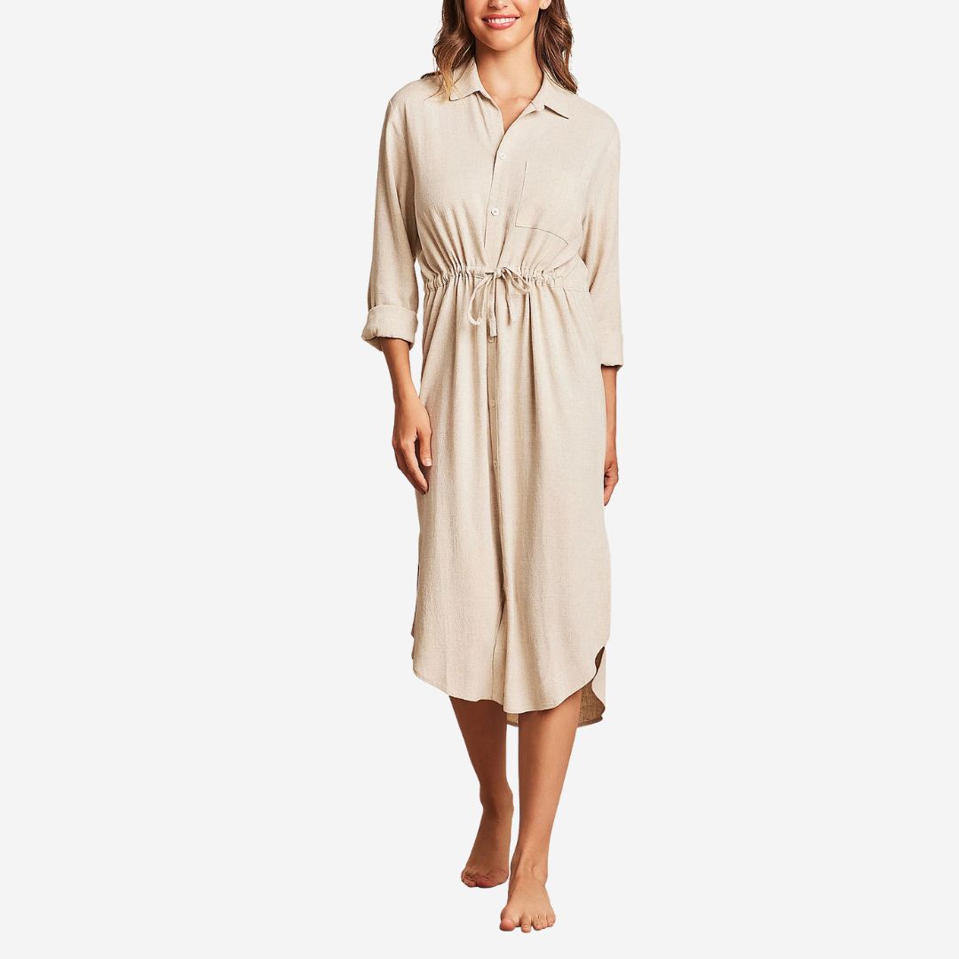 Barefoot Dreams Linen Blend Cinched Shirt Dress, COLOR: He Bisque, SIZE: Large