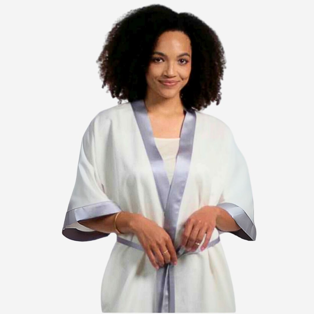 Silk Story Kimono Robe, COLOR: White w/ Silver Placket, SIZE: S/M