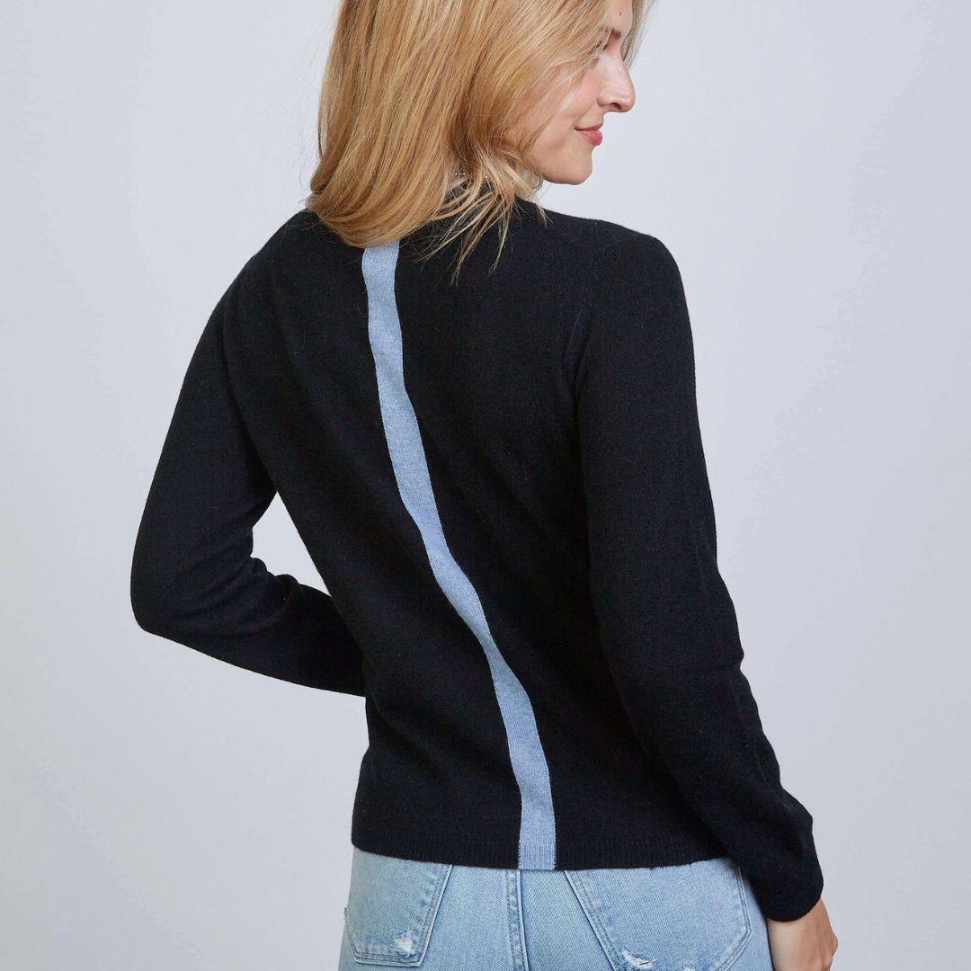 Erin Gray Highland Stripe Mongolian Cashmere Sweater, COLOR: Black / Blue, SIZE: X-Small