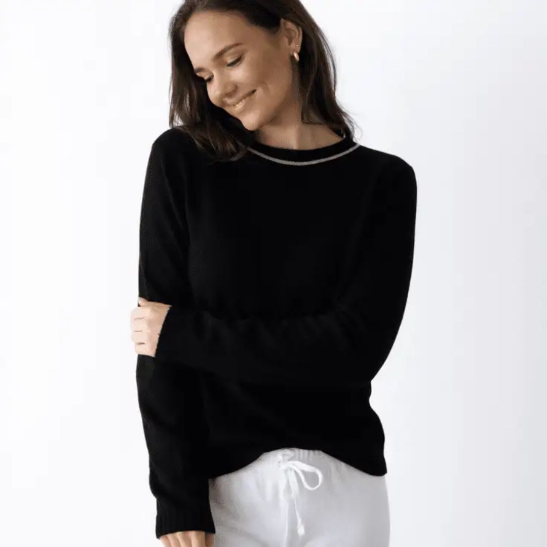 Erin Gray—Highland Raw Edge Mongolian Cashmere Sweater, COLOR: Black/Beige, SIZE: Small